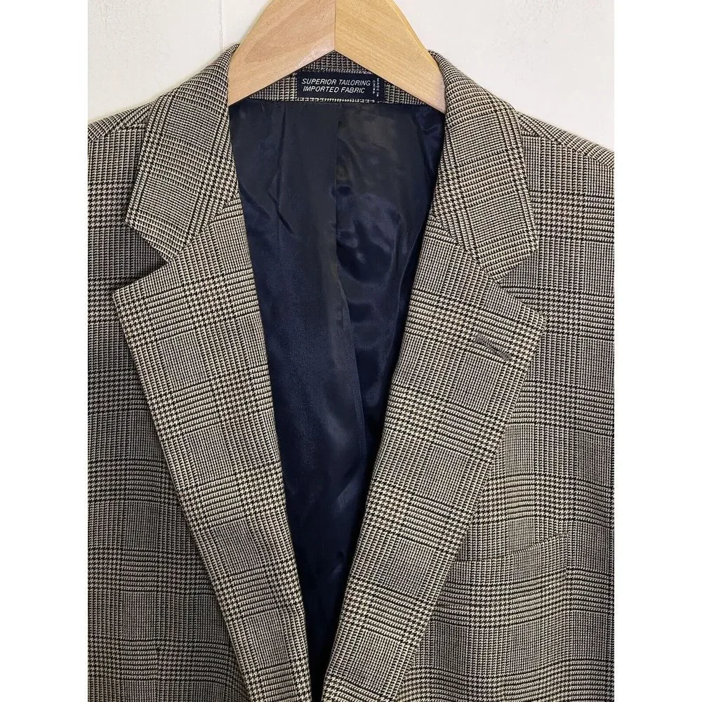 Nautica Wool 2 Button‎ Sport Coat 44L Light Brown Glen Plaid Blazer Jacket